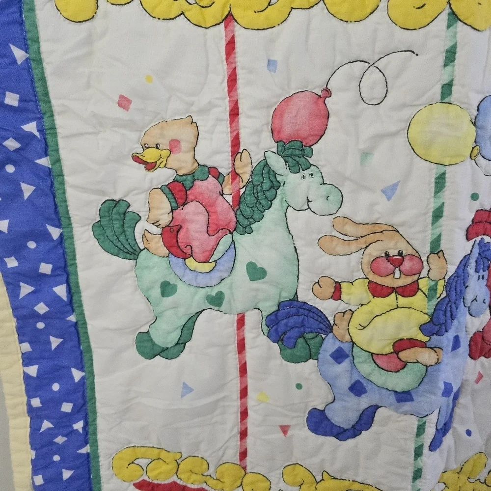 Carousel Baby Blanket 41.5”x32.5” Circus Fair Bunny Bear Duck Quilted